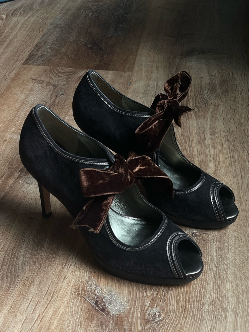 Talbots Black Suede Peep-Toe Heels with Brown Velvet Bow